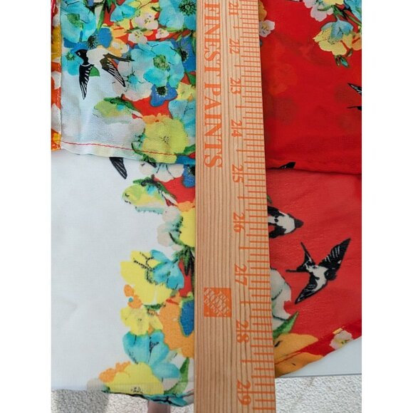 Fig & Flower Floral Shirt Womens Size Large Red Bird Sheer Roll Tab Sleeves - Picture 12 of 12